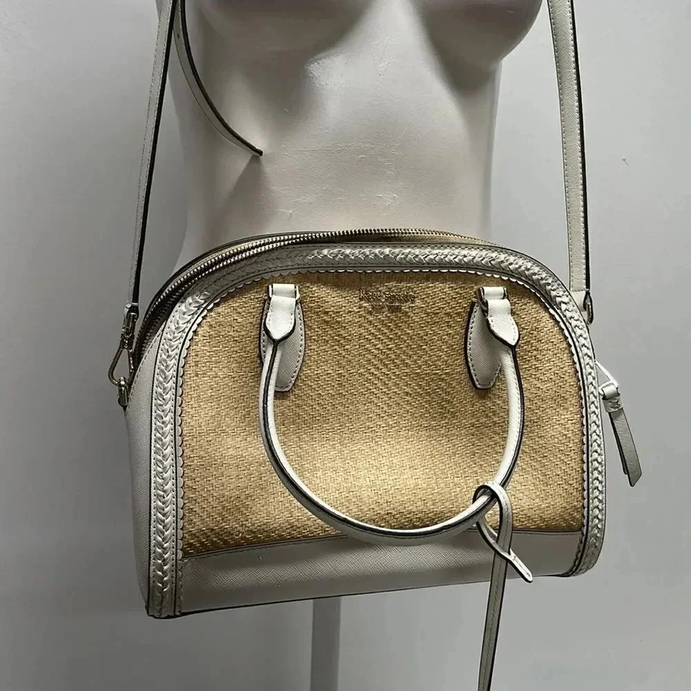 Kate Spade Reiley Dome Satchel Purse Handbag Straw Wicker Leather Trim White